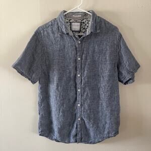 Denim & Flowers Mens Linen Short Sleeve Shirt Large Blue Classic Summer Casual